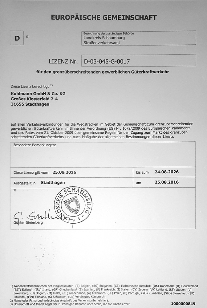 EU Lizenz Kuhlmann EU Lizenz für den grenzüberschreitenden gwerblichen Güterkraftverkehr