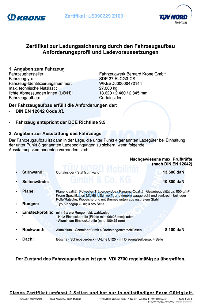 Zertifikat zur Ladungssicherung durch den Fahrzeugaufbau Zertifikat zur Ladungssicherung durch den Fahrzeugaufbau
